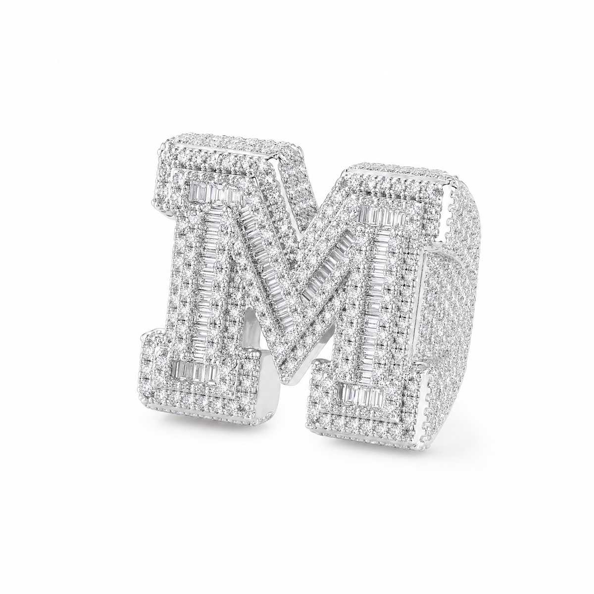 White gold iced letter M ring on white background