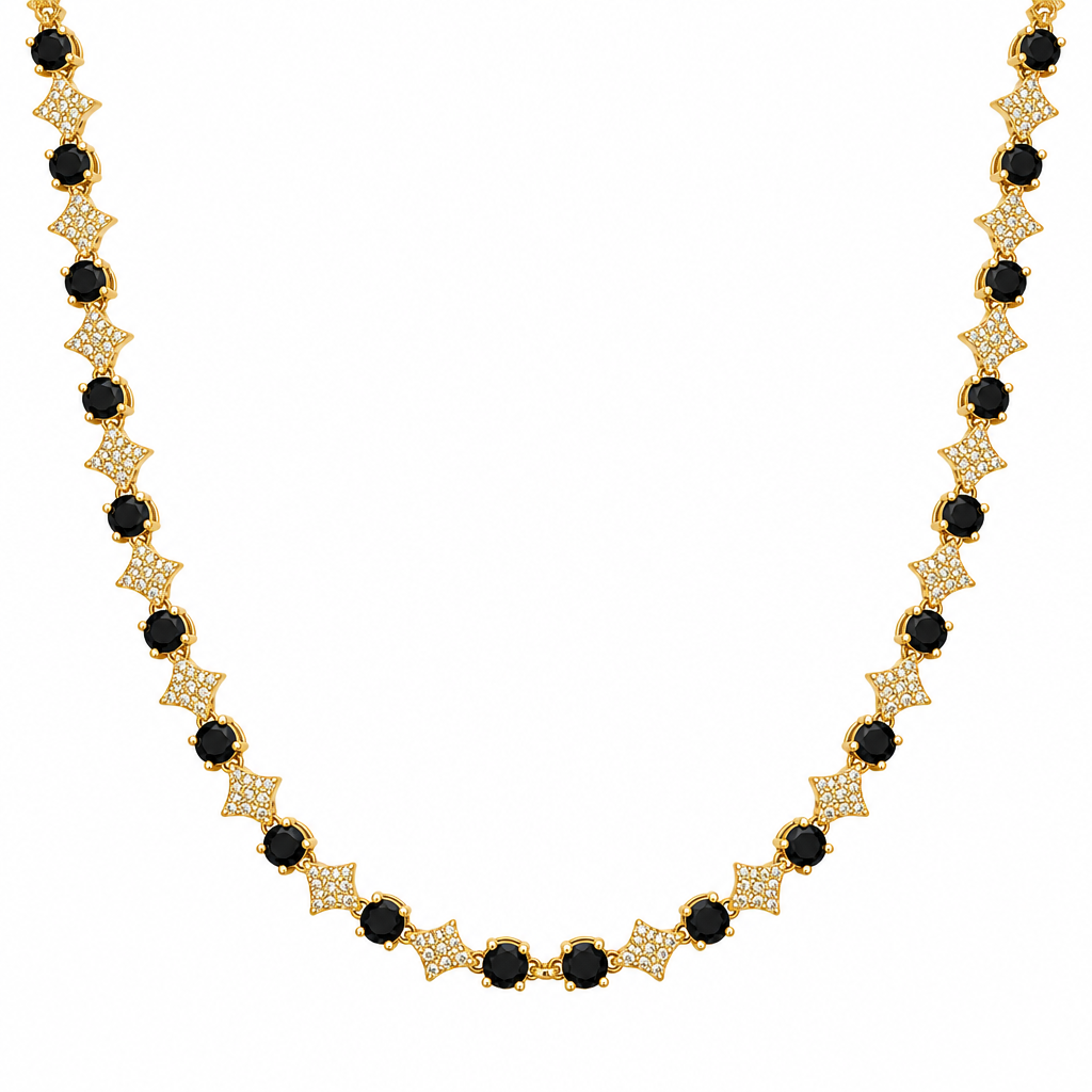 Gold Iced Star Tennis Chain with Black Stones on white background
