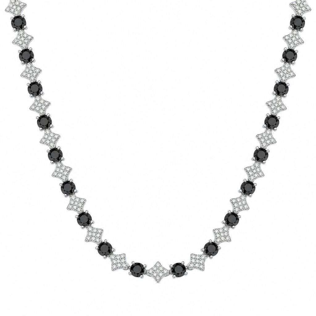 White Gold Iced Star Tennis Chain with Black Stones on white background