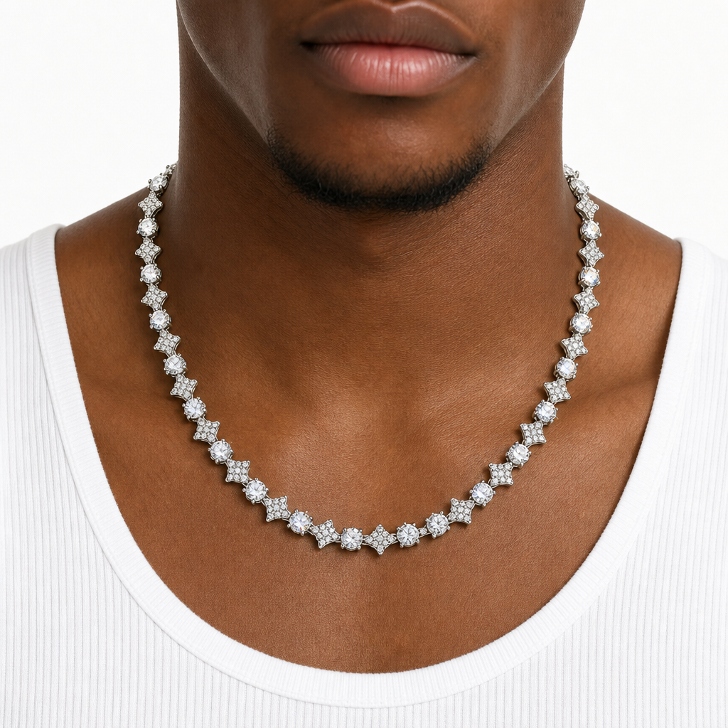 Model wearing White Gold Iced Star Tennis Chain with White Stones