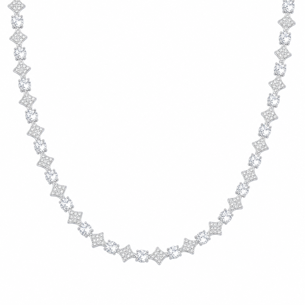 White Gold Iced Star Tennis Chain with White Stones on white background