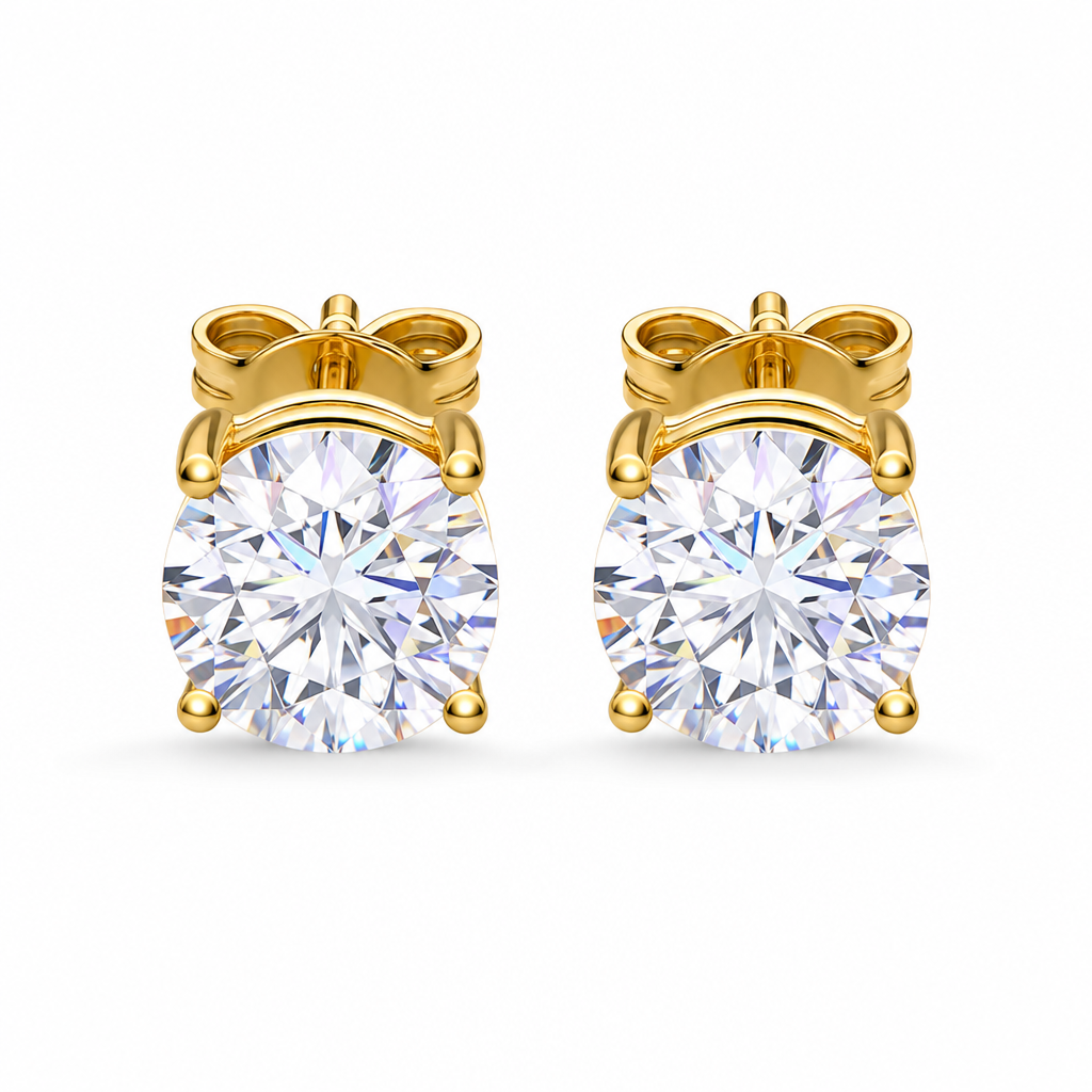 Gold moissanite round stud earrings on white background