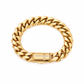 Gold polished Cuban link bracelet with cross pavé clasp on white background
