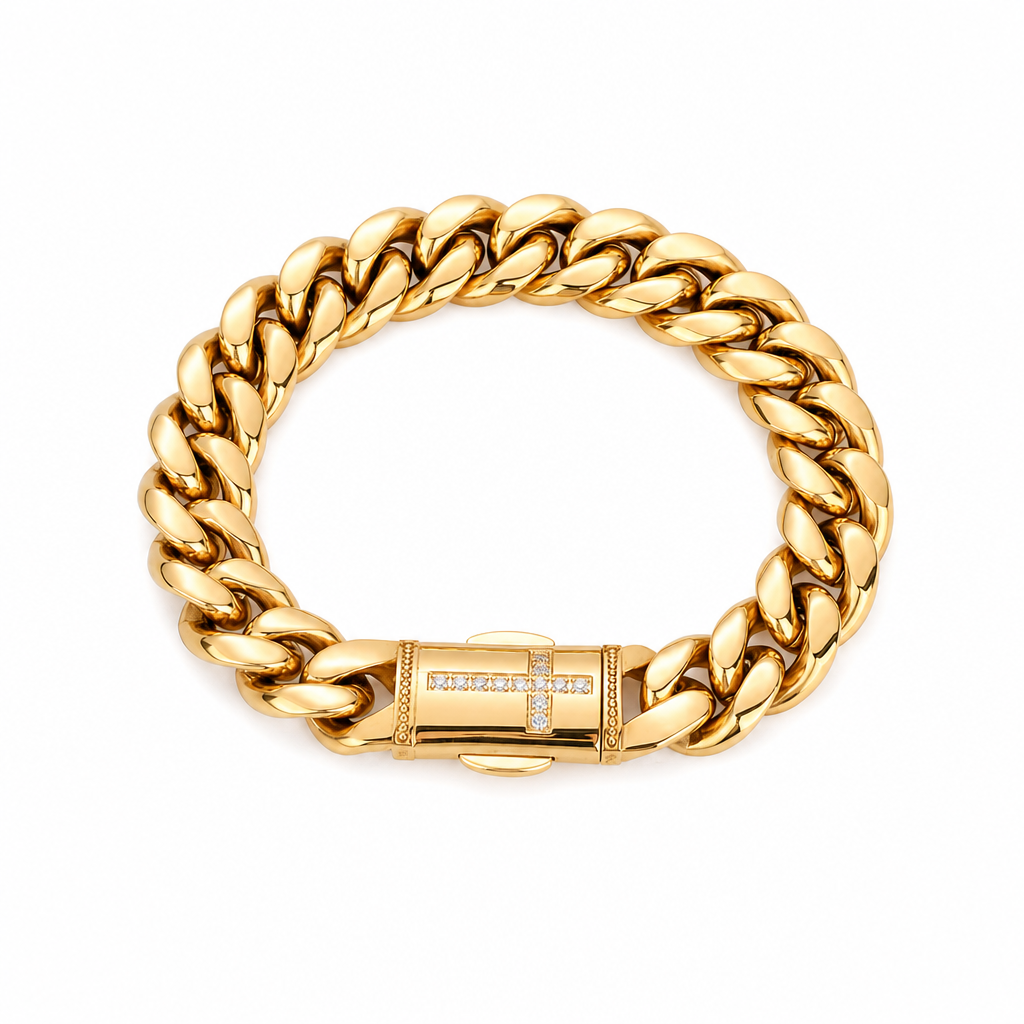Gold polished Cuban link bracelet with cross pavé clasp on white background