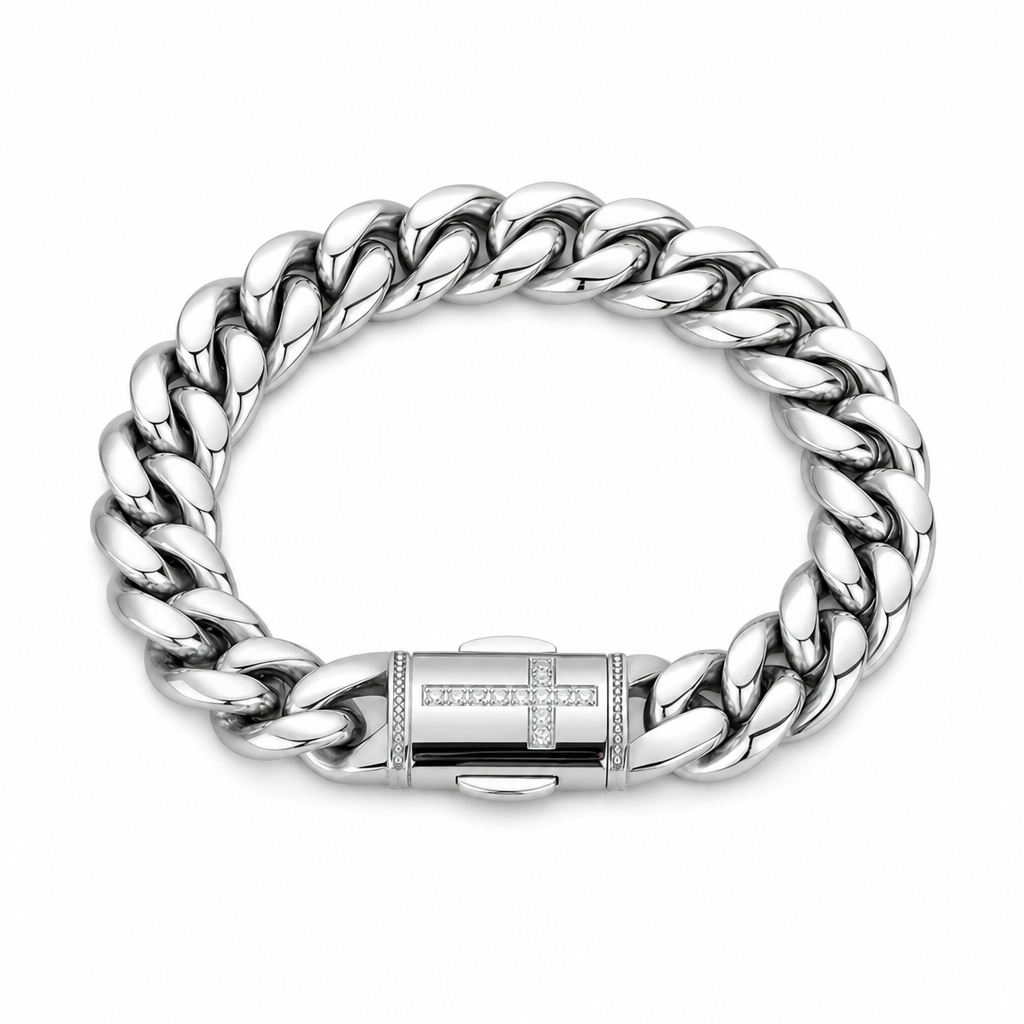 Stainless steel polished Cuban link bracelet with cross pavé clasp on white background